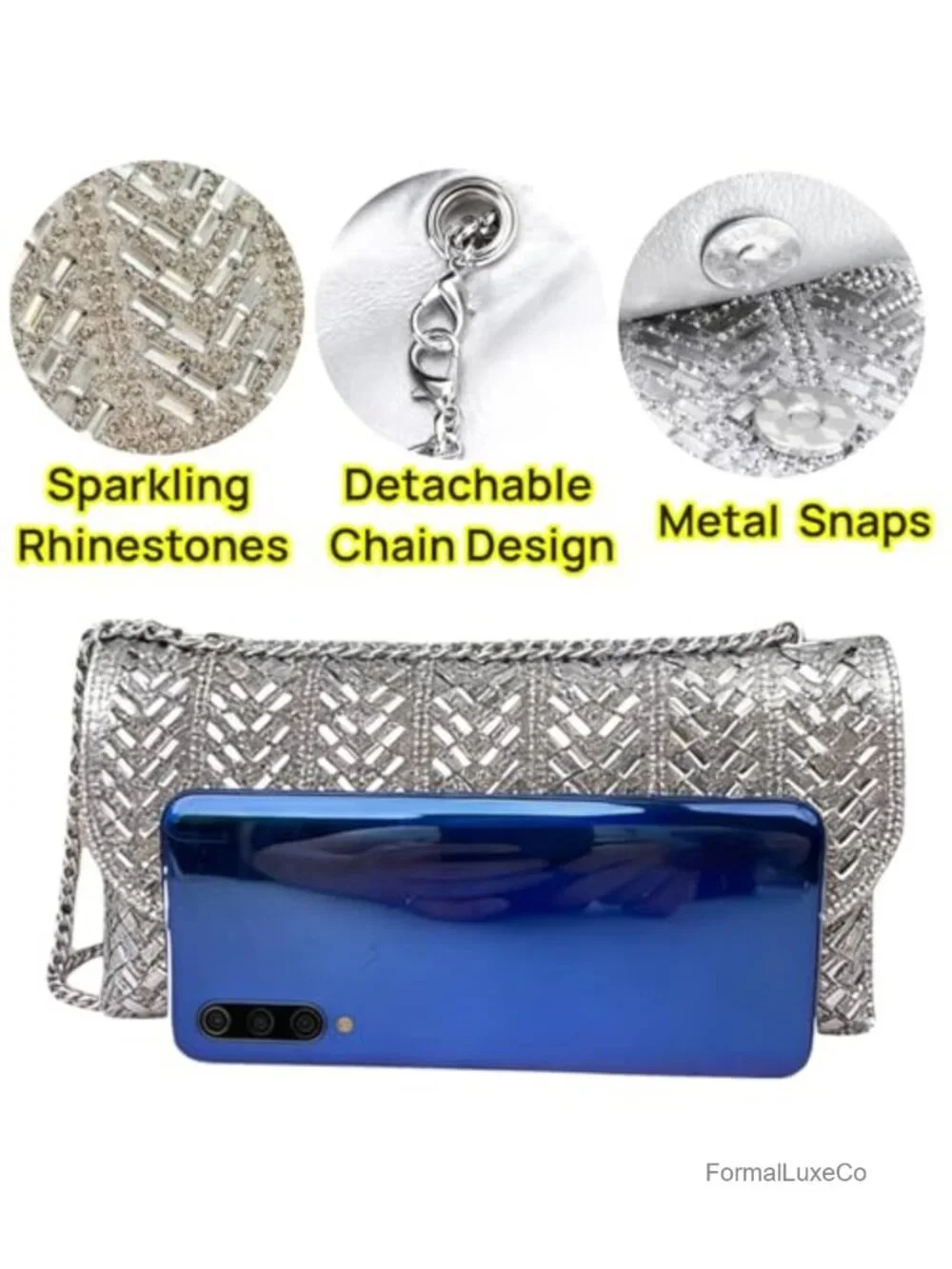 3D Rhinestone Evening Clutch PU Leather Handbag for Prom Party Wedding